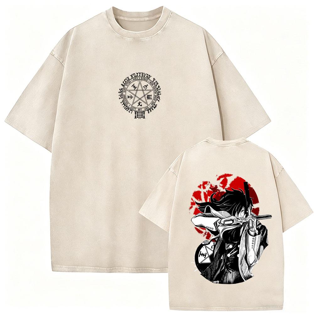 Washed Vintage Anime Hellsing Yumie Takagi Graphic Tshirt Vampire Alucard Merch Tshirts Mens Gothic Manga Oversized T Shirts