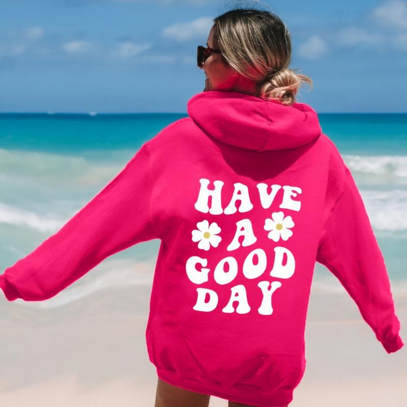 Autumn Women's Fashion: Rose Red 'GOOD DAY' Print Hooded Sweatshirt