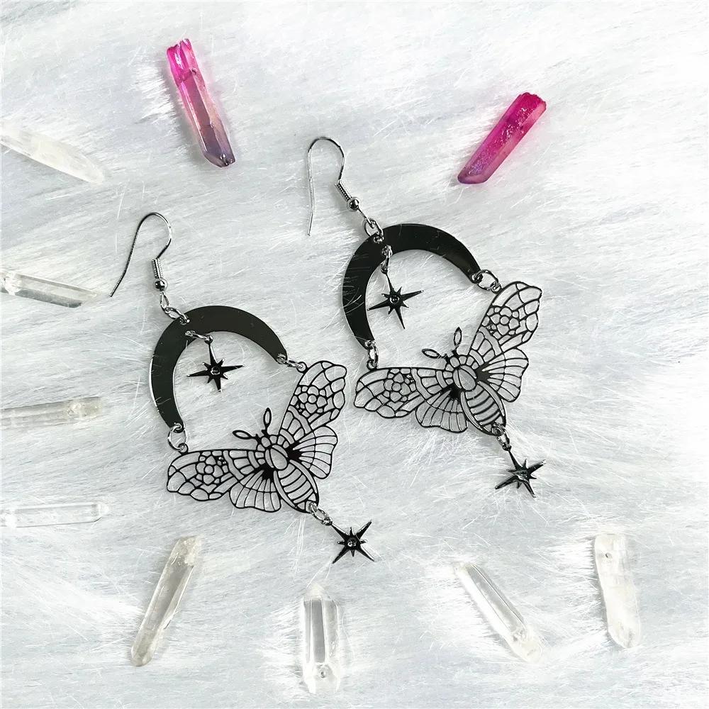 Exaggerate Retro Gold Color Stars Moon Hollowed-out Moth Pendant Stainless Steel Dangle Earrings for Women Charms Jewelry Gifts
