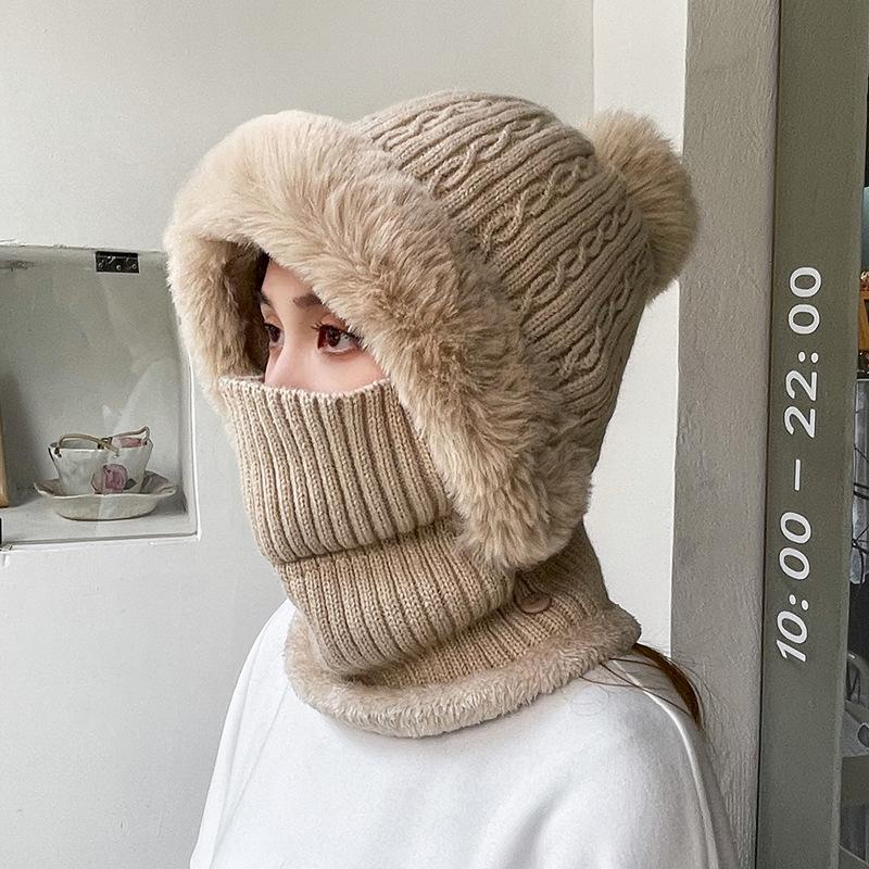 Winter Twist Pattern Knitted Hat, Velvet Warm Scarf, Integrated Pullover Hat, Cold-proof Wool Hat, Women