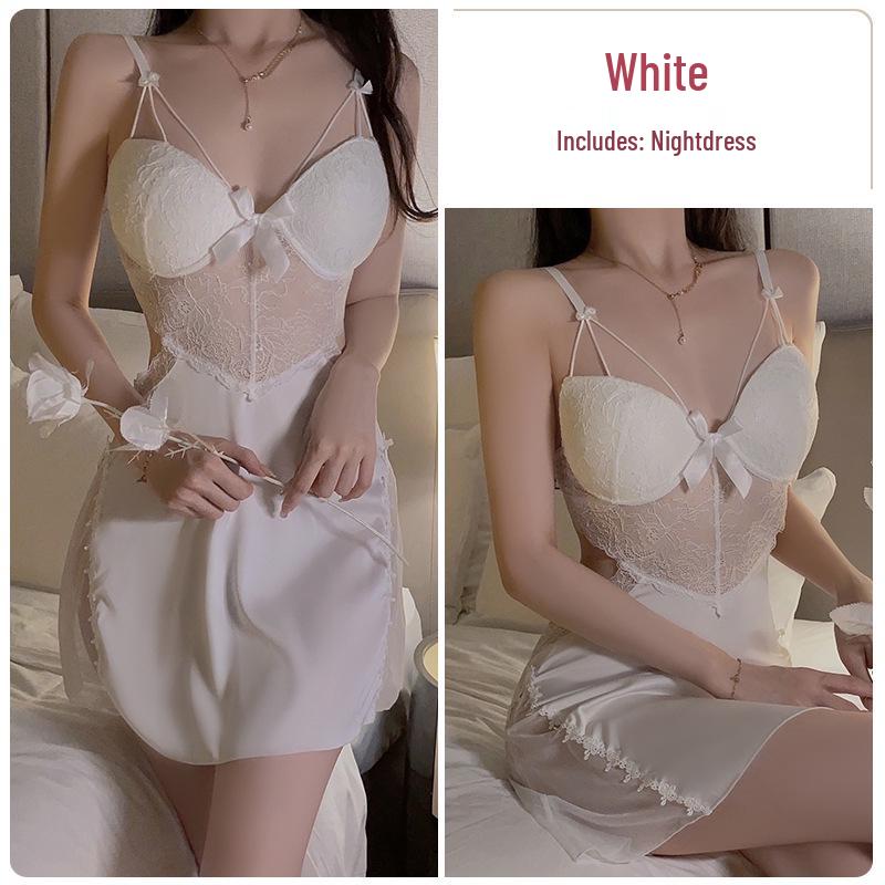 DZ Satin Lace Butterfly Decor Padded Underwire Backless Sexy Nightgown Robe Set 2044