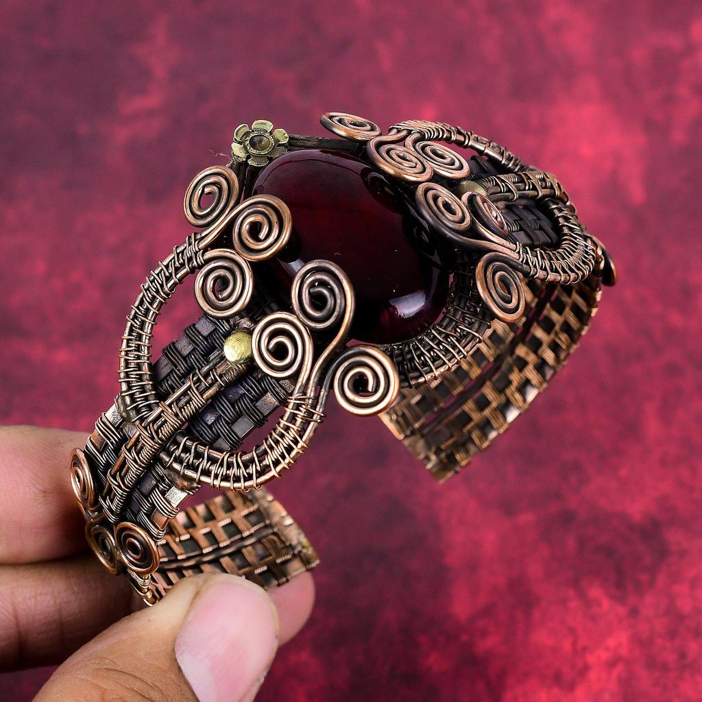 Red fire labradorite bangle gemstone cuff bracelet copper wire wrapped bangle adjustable bangle handmade copper wire jewelry engagement gift