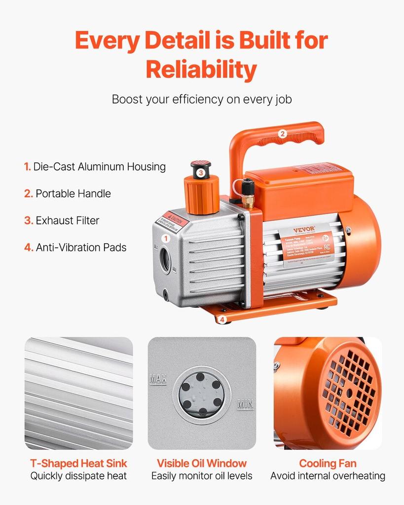 3.5 CFM HVAC Single Stage Rotary Vane Vacuum Pump and Manifold Gauge Kit Compatible with R134a, R22, R12, and R502 Refrigerants
