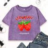 Red Strawberry Sweet Summertime Prints Women Washed Crop Top Street Fitness Short Sleeve Cotton Summer T-Shirt Tops