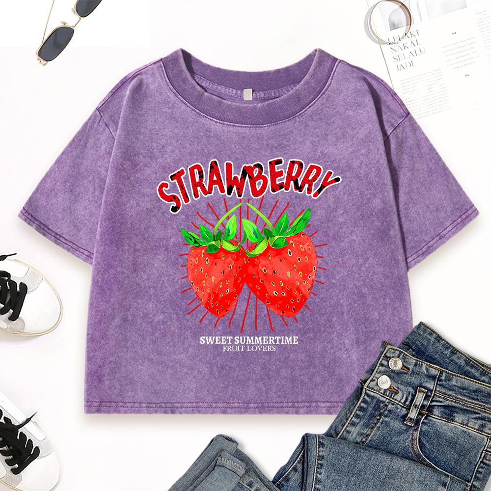 Red Strawberry Sweet Summertime Prints Women Washed Crop Top Street Fitness Short Sleeve Cotton Summer T-Shirt Tops