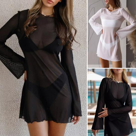 Dame Sexet Gennemsigtig Mesh Badedragt Cover Up Rund Hals Lang Klokkeærmer Strand Bodycon Minikjole Sommer Bikini Cover-up