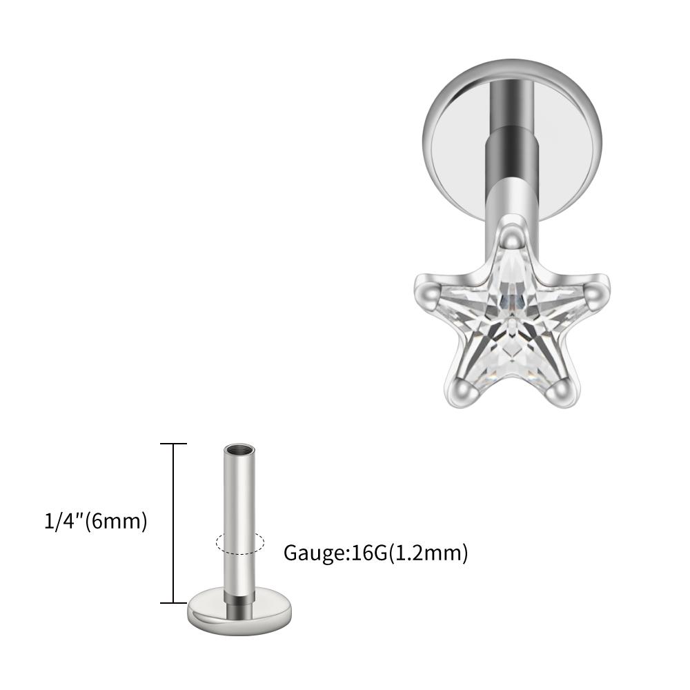 Right Grand ASTM F136 Titanium Star CZ Cartilage Earring 16G Dainty Star Flat Back Stud Tragus Conch Helix Nose Labret Piercing