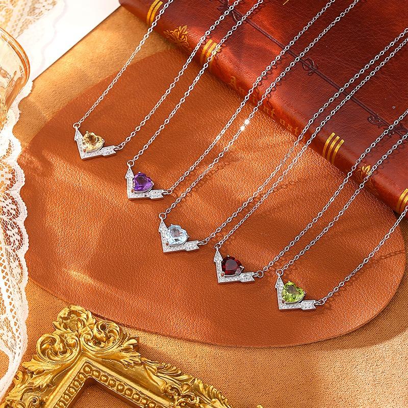 S925 Sterling Silver Arrow Through Heart Necklace Peridot Crystal Stone Cupid Collarbone Chain Valentine's Day Birthday Jewelry Gift for Women
