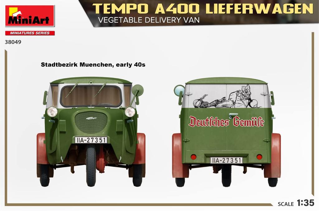 Miniart Tempo A400 Leafer Wagen Vegetable Delivery Van Plastic Model MA38049 1/35