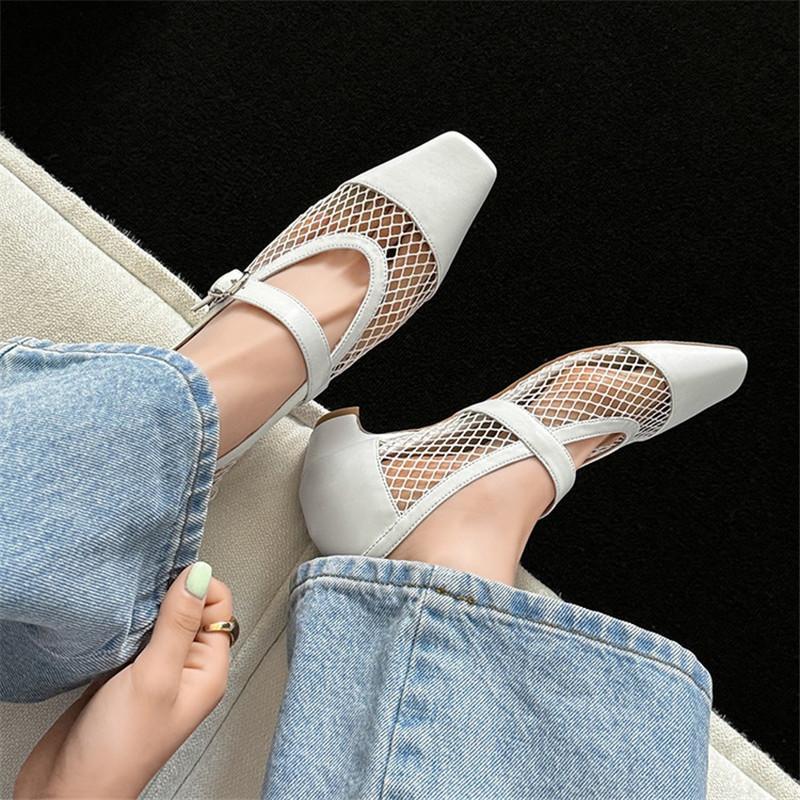 Fashion New Summer Sandals Square Toe Sandals for Women Fashion Hollow Out Mesh Cover Toe Low Heels Sandals Ladies Shoes Mary Jane Shoes
