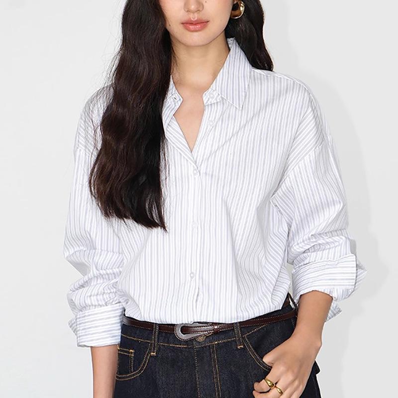 Salt-Toned Striped Long Sleeve Casual Shirt for Women - Spring/Autumn 2026