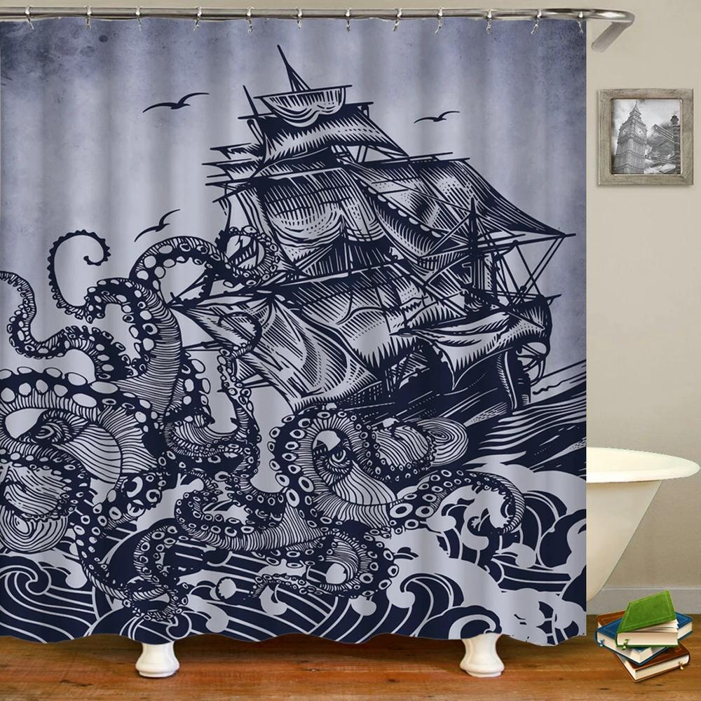 Octopus Seas Shower Curtains Bath Curtain 180*180cm Waterproof Bathroom Home Decor Washable Fabric Bathroom Screen With 12 Hoo