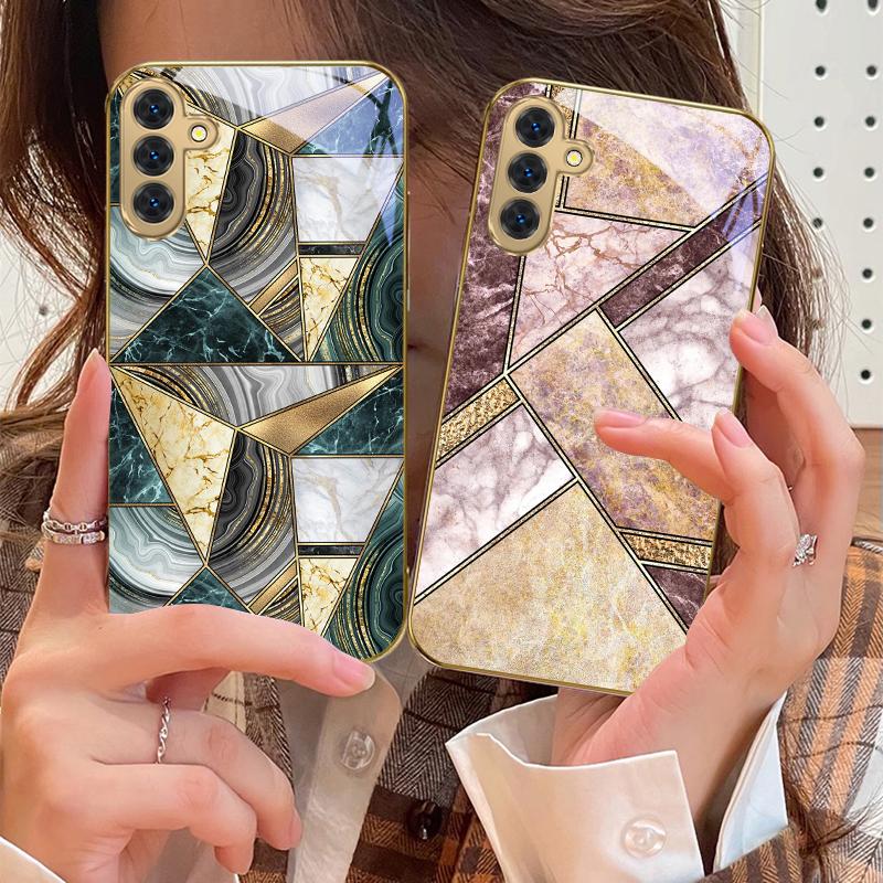 Blue marble texture For Samsung Galaxy S20 FE S21 S22 S23 Plus S24 Ultra 25Ultra S21+ S9+ S22Plus Golden glass phone case