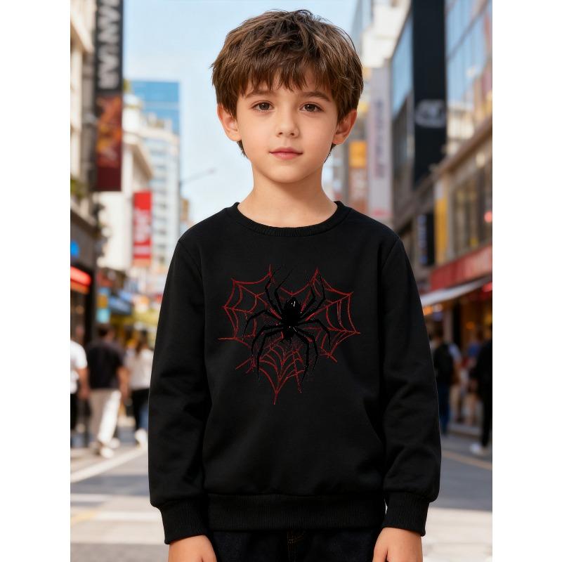European Sizes Kids' Round-neck Long-sleeve with Cartoon Spider Print, Suitable for Daily Casual Wear and Outdoor Activities