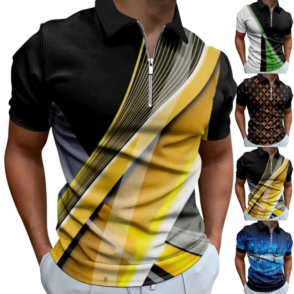 Work Clothes Creative Stripe 3D Printing Men's Short-sleeved Zip Shirt