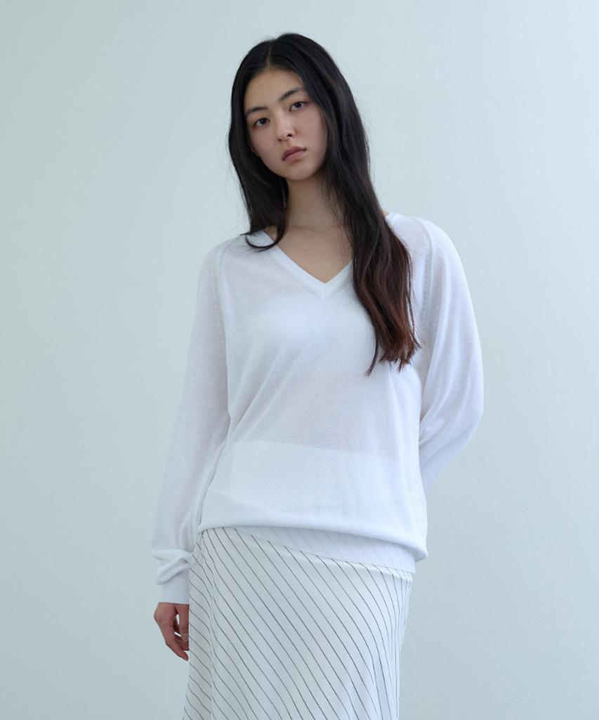 Uusoo Linen Blend Lightweight V-Neck Pullover_ White