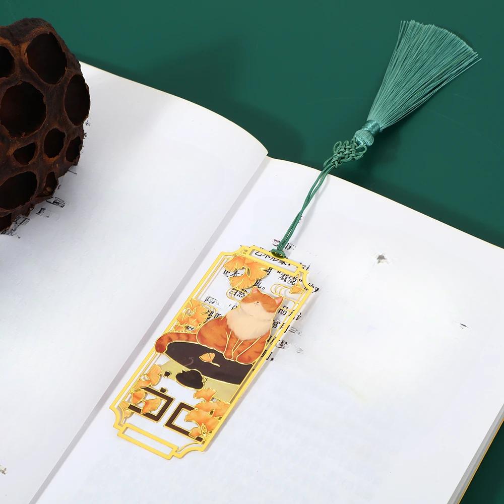 Chinese Style Cat Brass Bookmark Tassel Pendant Book Clip Metal Pagination Mark Student Gift Stationery School Office Supplies