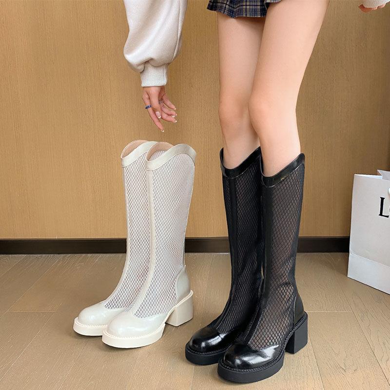 Nätstövlar sommar 2025 nya mångsidiga stövlar med rund tå fé-vind tunna ihåliga andningsbara svala stövlar höga