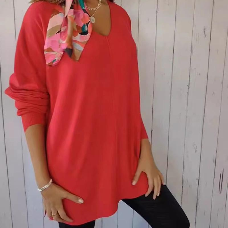 Women's Long Sleeve V-Neck Knitwear: European & American Style Loose Fit Solid Pullover Top