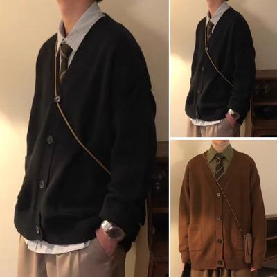 Sonbahar Kış Erkek Kazak Hırka V Yaka Örgü Kalın Lastikli Uzun Kollu Bol Preppy Stil Sıcak Düz Renk Örgü Günlük Giyim Kazak Mont