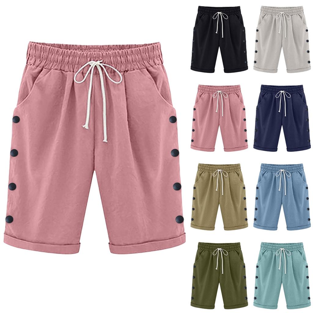 Dames Moteable Ensfarget Snøring Elastisk Midje Lomme Casual Korte Bukser