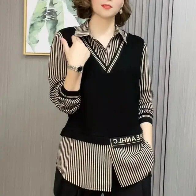 

Осенняя женская большая мода и модная универсальная тонкая полоска, темперамент, свободная рубашка с воротником, имитация двух предметов XXXXL чёрный