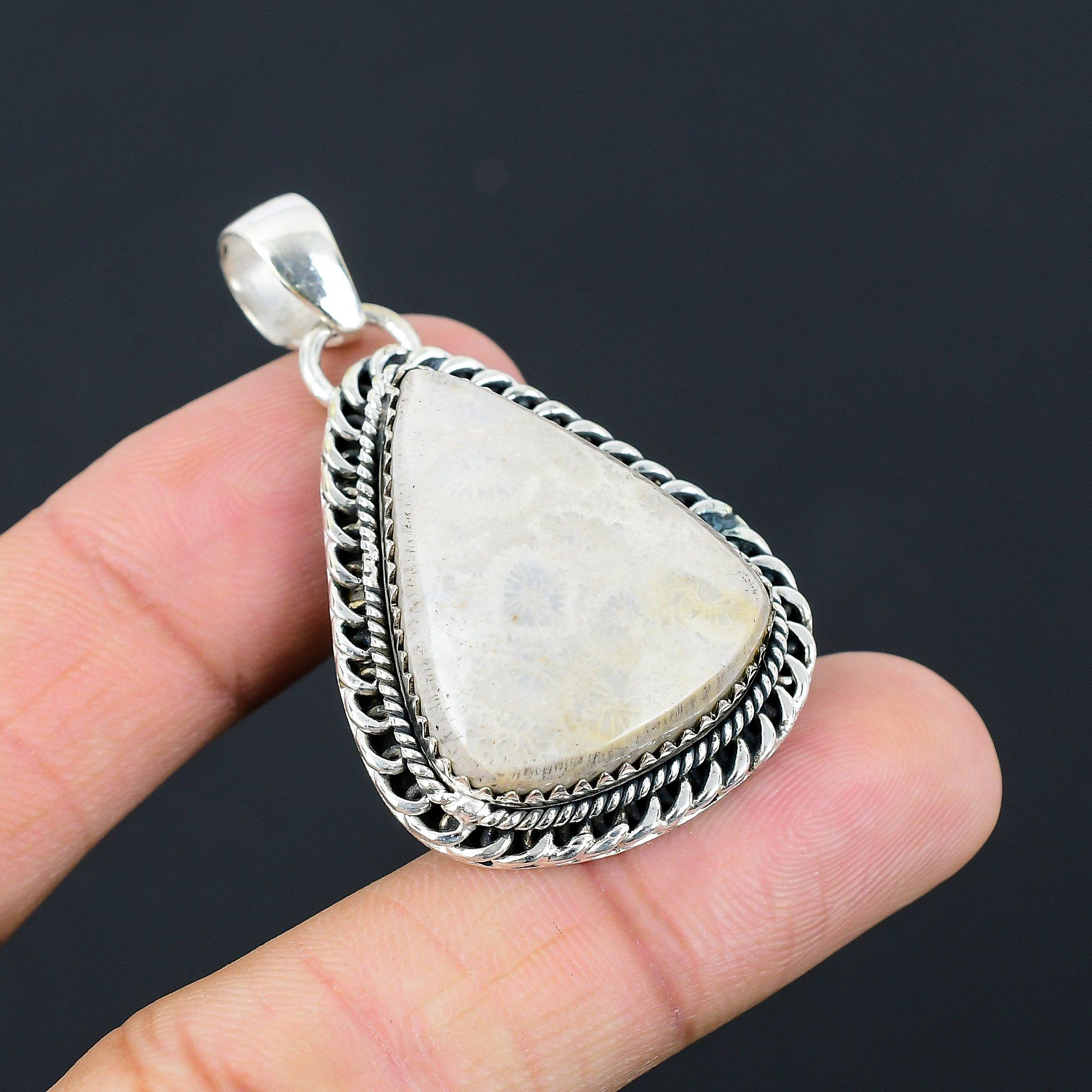Sterling Silver Fossil Coral Gemstone Handcrafted Birthday New Pendant Jewelry