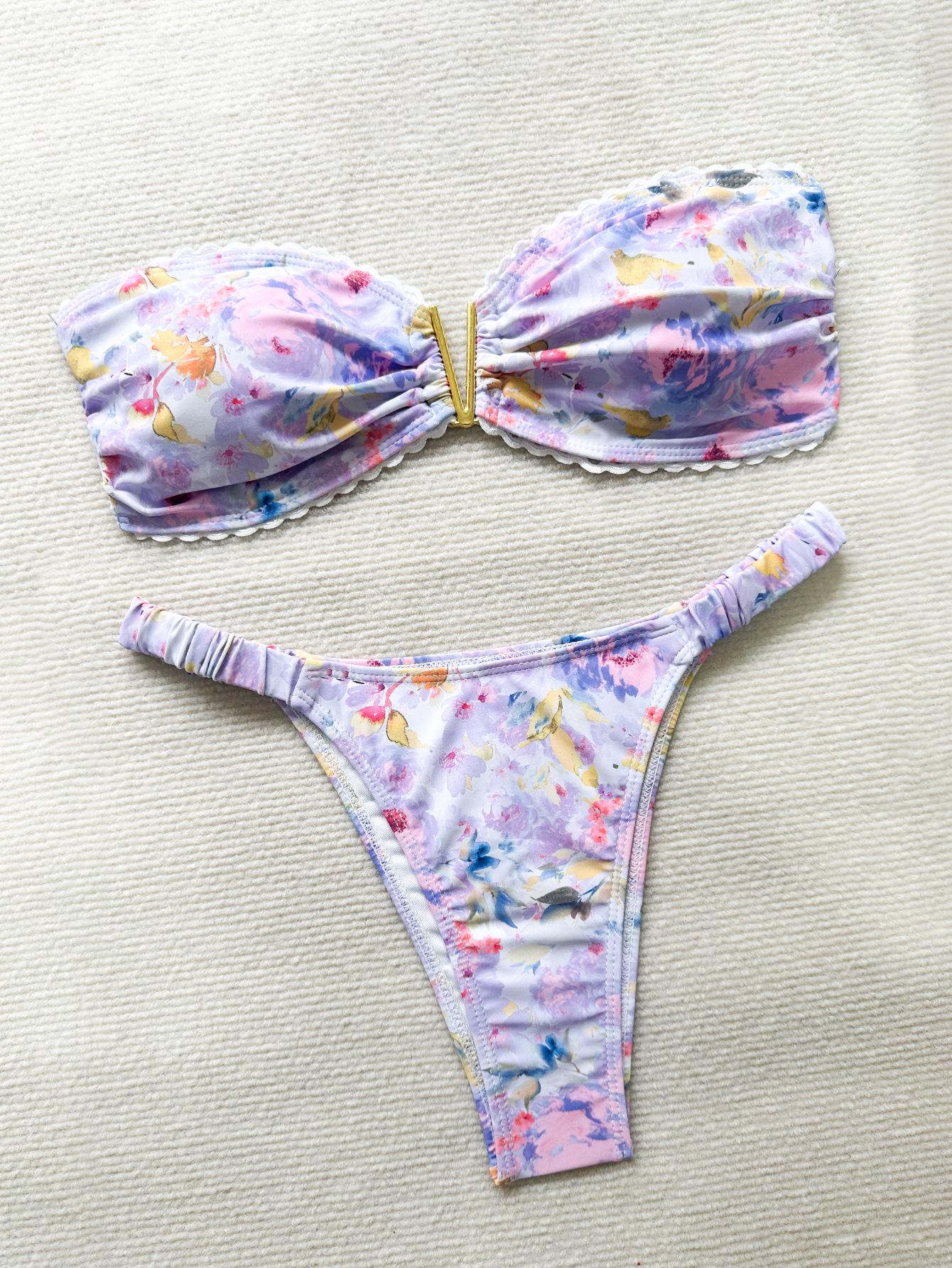 

Европейский и американский купальник бикини бандо из цветочного кружева 2024 Small цветочные печати