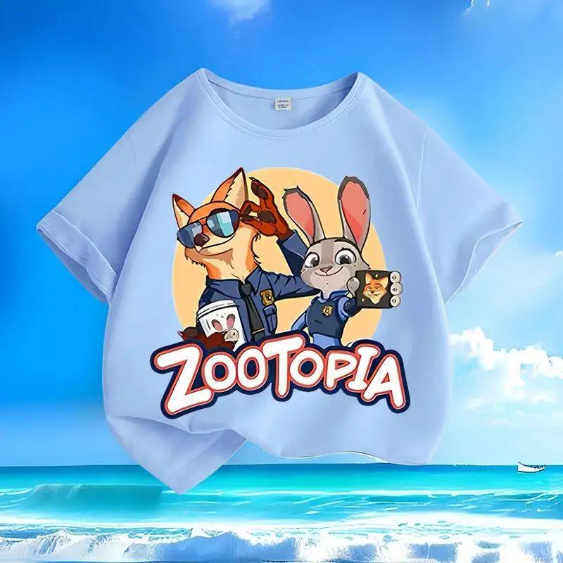Pure Polyester Kids Short Sleeve Tee 2026 New, Zootopia Judy Nicky Cartoon Print Round Neck Casual Tops For Small Medium Children