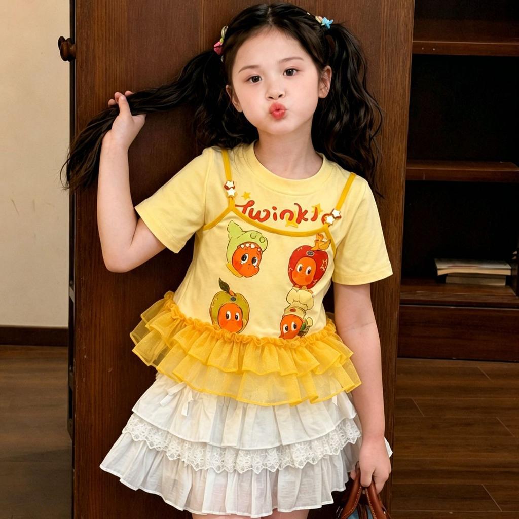 Girls Summer Cute Print Fake Two Piece Mesh Short Sleeve T Shirt