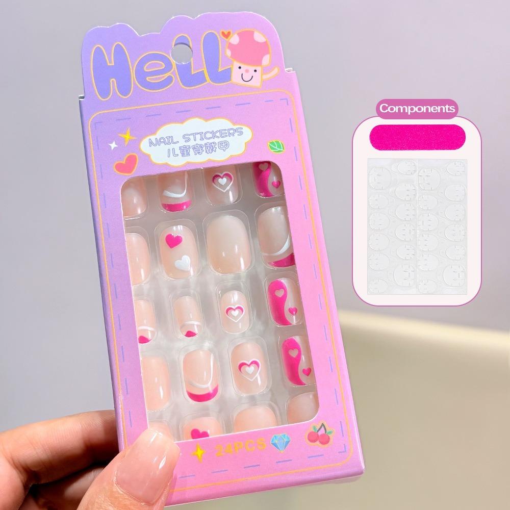 24Pcs/Box Cartoon Kids Press On Nails Black Flower French Tips False Nails Full Cover Fake Nails for Children Daily Holiday Wear
