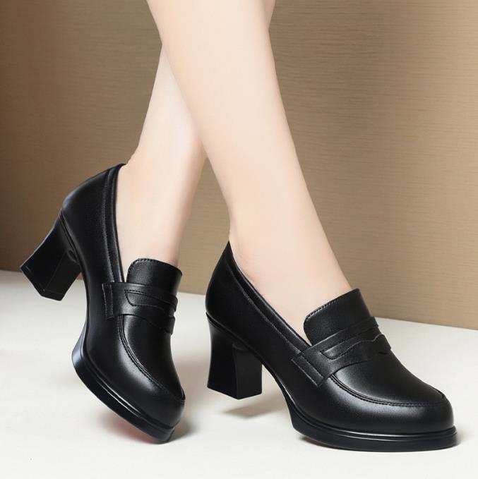 Comfort Fashion Deep Mouth Soft Leather Women's Platform Shoes Elegant Black Block High Heels Shoes Single Shoe for Office Women