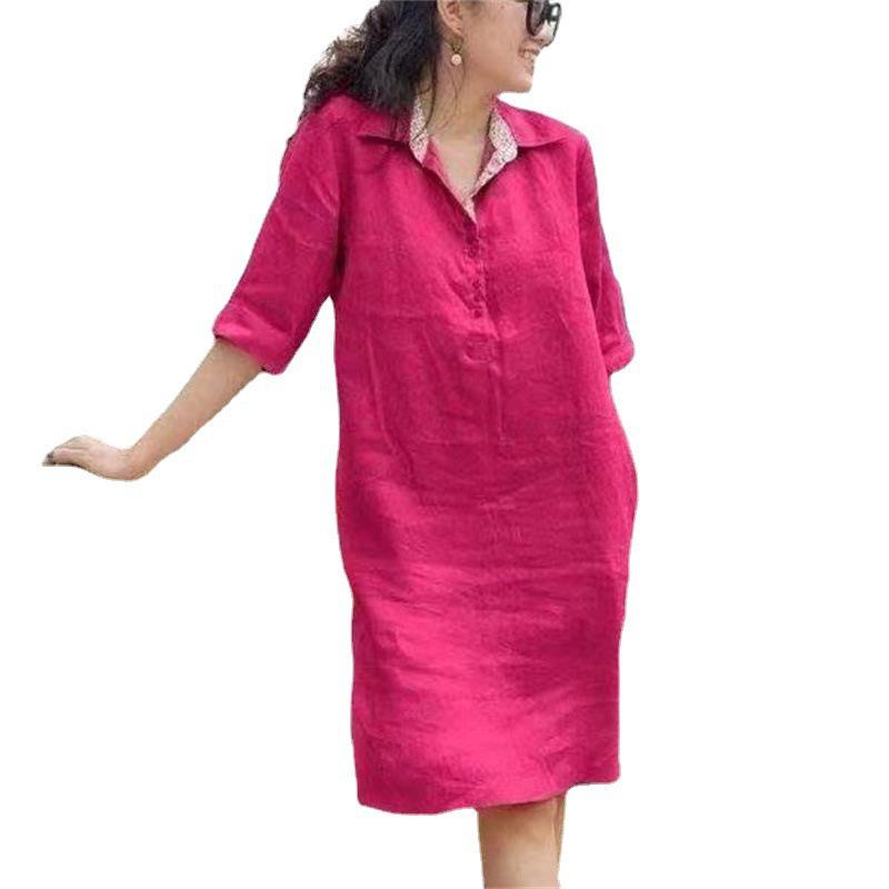 Spring & Summer V-Neck Loose Dress for Middle-Aged Women: Medium-Length, Large Size