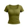 Women Short Sleeve Ribbed Knit Top Lace Trim Square Neck Button Casual Fitted T Shirt Blouse