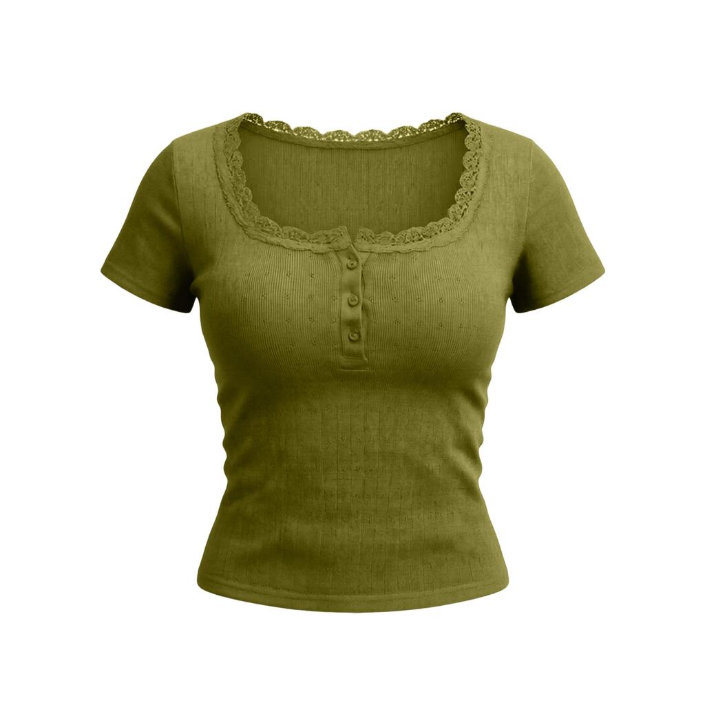 Women Short Sleeve Ribbed Knit Top Lace Trim Square Neck Button Casual Fitted T Shirt Blouse