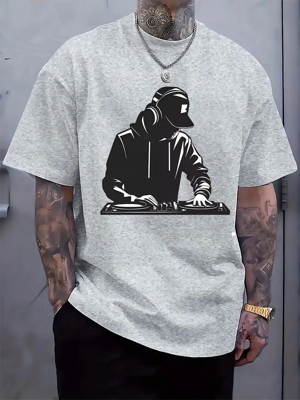 Trendy DJ Mixing Silhouette Print T-shirt - Casual Crew Neck S