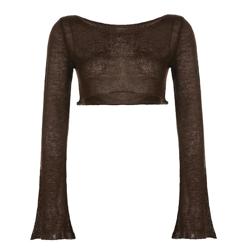 

Женские повседневные тонкие и легкие перспективные ажурные топы, женский тонкий ультра-короткий халат с одной линией шеи и расклешенными рукавами L коричневый