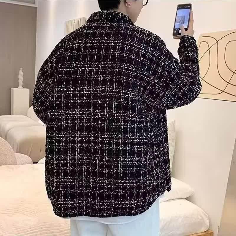 Men's Spring Autumn Winter Woolen Tweed Slim Fit Collarless Jacket Color Blocking Design Youthful Look