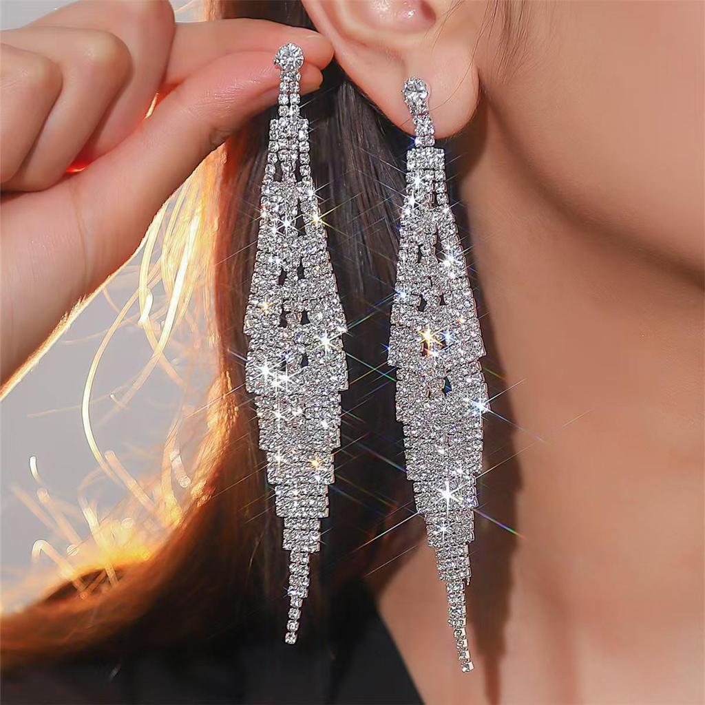 Luxury Sparkly Rhinestone Long Drop Earrings for Brides