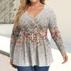 Women's Plus Size Shirt Long Sleeve  Print Top Pleated Casual V-Neck Top