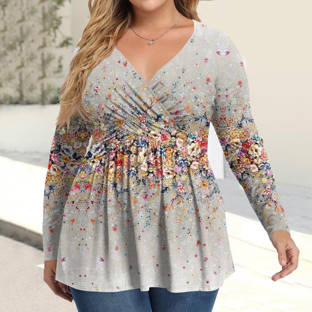 Women's Plus Size Shirt Long Sleeve  Print Top Pleated Casual V-Neck Top