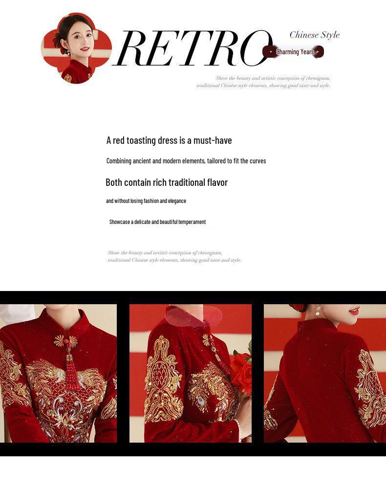 Red Wine Long-Sleeve Qipao Dress: Perfect for Weddings, Homecoming, or Engagements - A Casual Yet Elegant Chinese Autumn Bridal Gown.