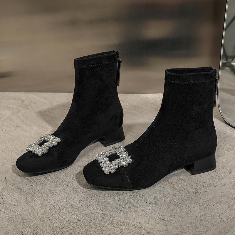 Wildleder-Stiefel mit quadratischer Spitze, kurze Stiefel, neu 2025, kaffeefarben, mittelhoher Schaft, Damenstiefel, Strass-Viereckschnalle, niedriger Absatz, Frühling und Herbst sin