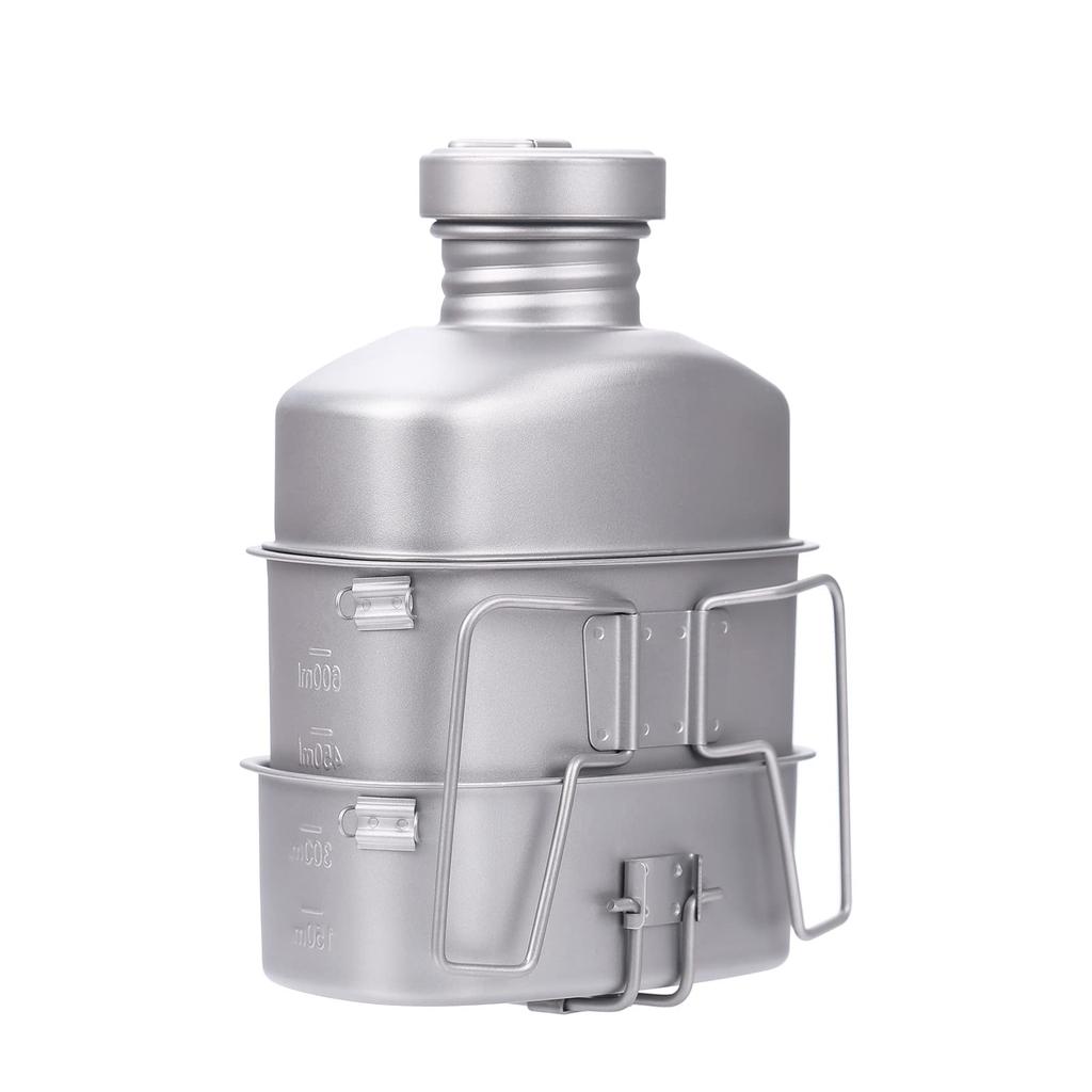 Titanium Canteen Mess Kit with Water Bottle Ultralight Portable 1100ML Pot with 750ML and 400ML Stackable Cups for Outdoor Camp Pot,