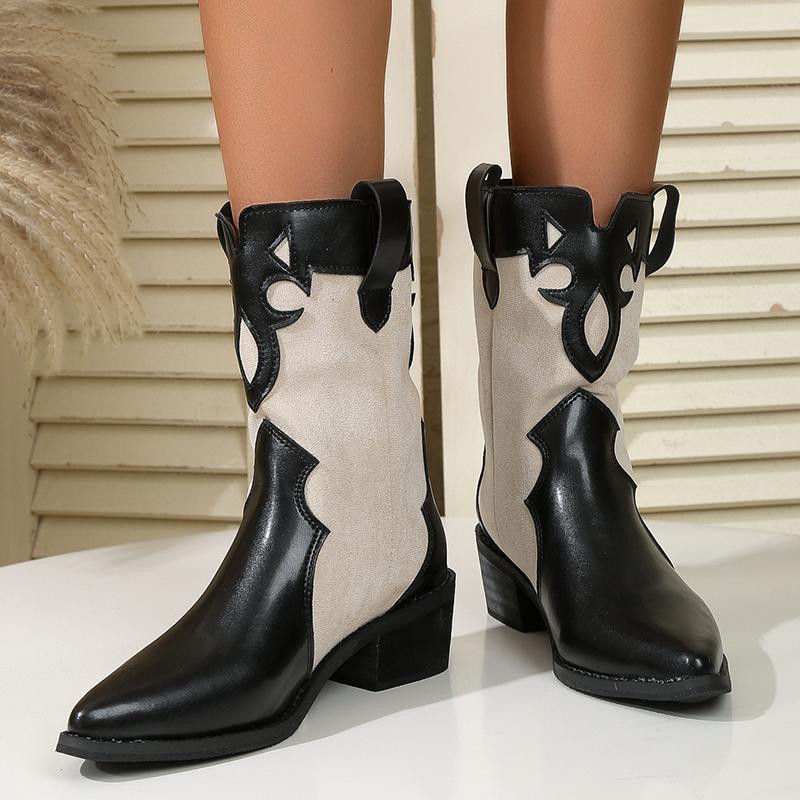 Fashion British Style Pointed Toe Ankle Boots Women 2025 Fashion Thick Heels Western Boots Woman Patchwork Slip On Cowboy Booties Mujer