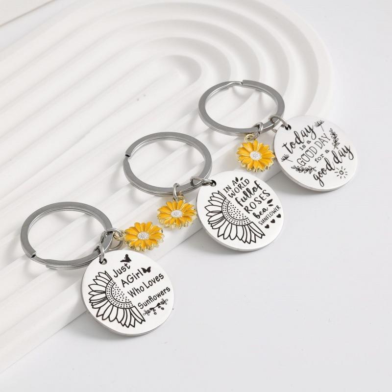 Cute Mobile Phone Lanyard Chain Sunflower Pendant Metal Stainless Steel Keychain Encouragement Message Pendant Charm Men Women