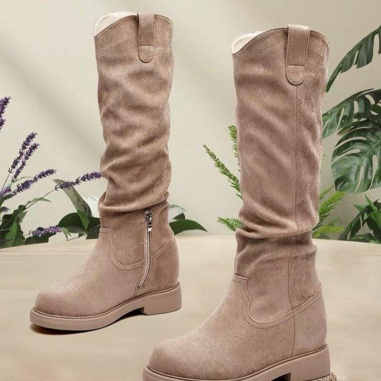 2025 Autumn New Pleated Tall Boots Retro Wood Grain Thick Heel Round Head Stacking Boots Female Knight Boots Elastic Boots