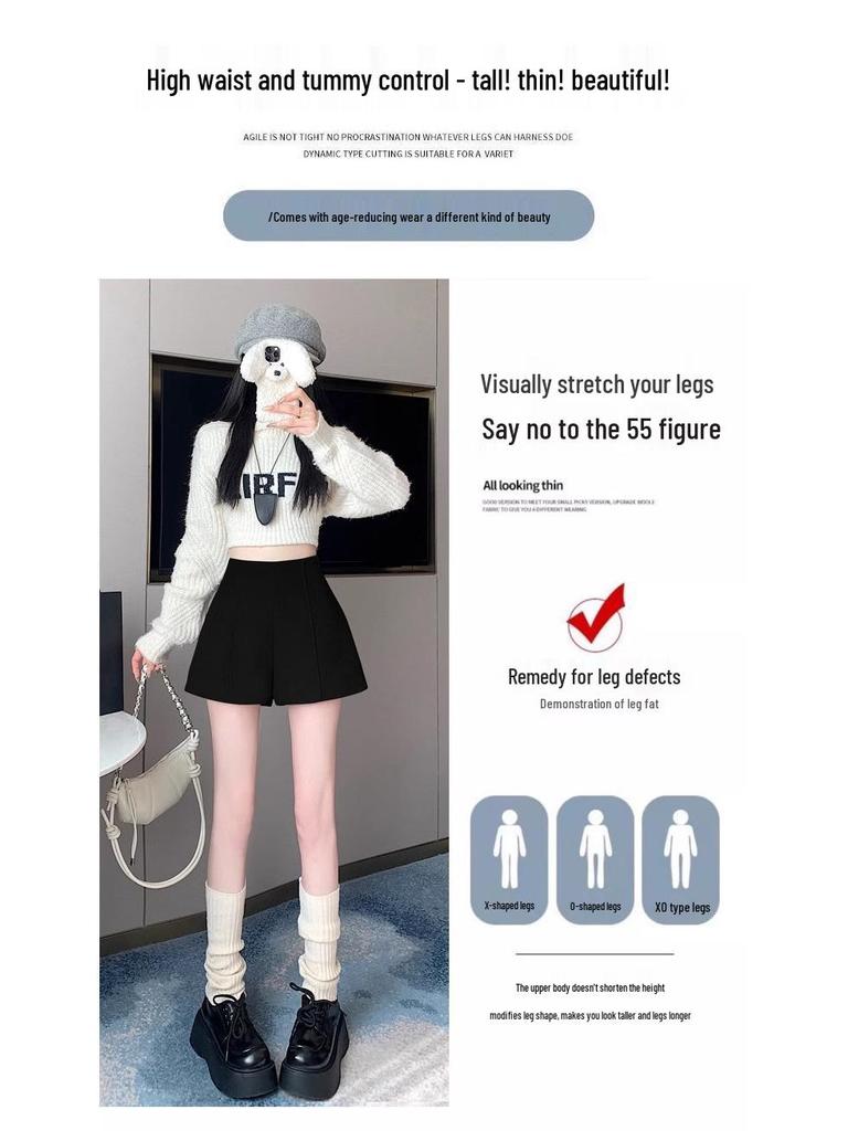 Women's Gray Retro Woolen Booty Shorts - Autumn/Winter Casual Straight Wide Leg Pants