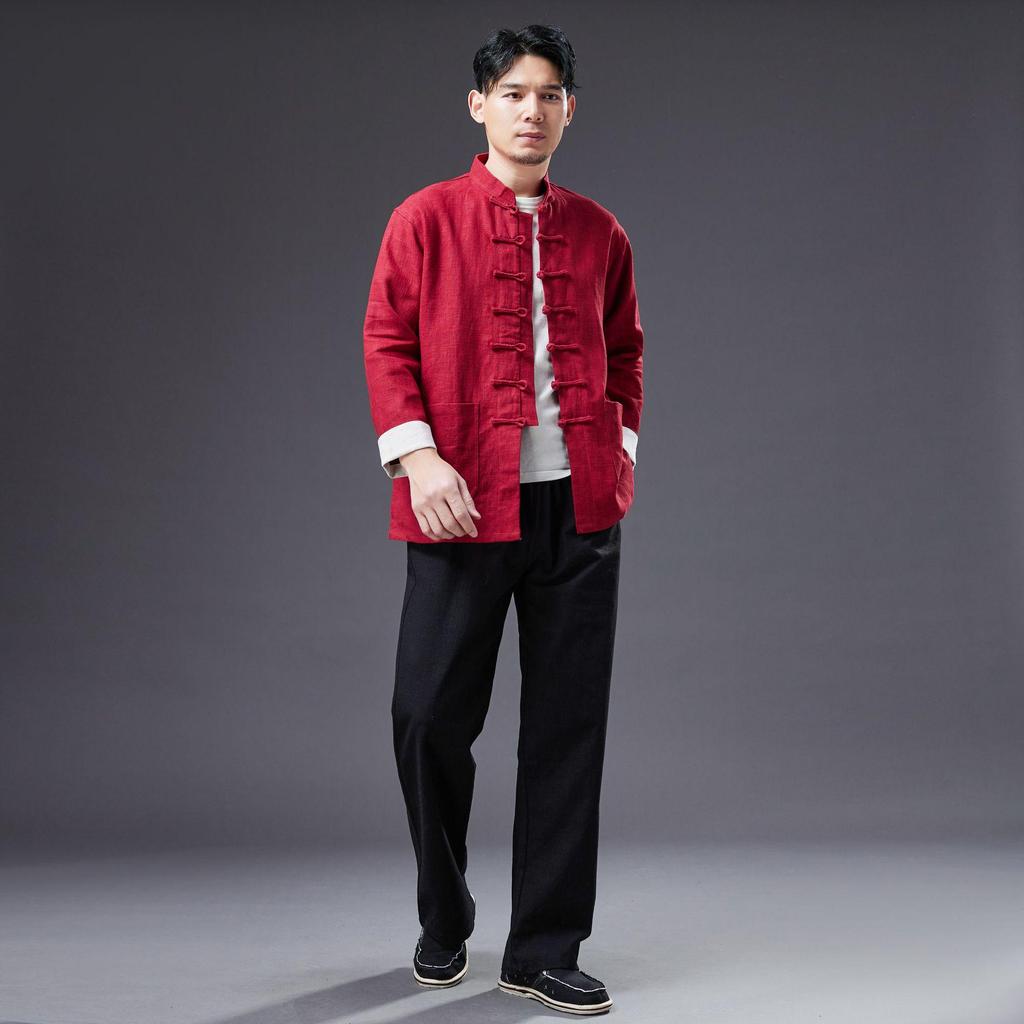 Men's Chinese Style Ramie Jacket Shirt - Casual Loose Fit with Stand Collar and Frog Buttons