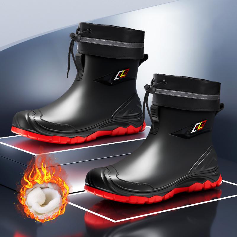 New Men Riding Rain Boots Plus Cotton Warm Non-slip Waterproof Shoes Mid-tube Work Shoes Rain Boots Motorcycle Protective Boots